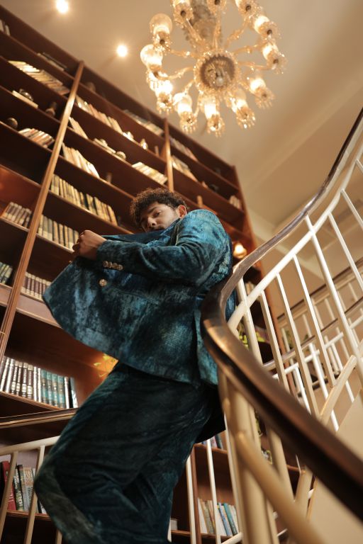 Varun Agrawal in our Jade Blue Blotched Print Blazer, Jade Blue Blotched Print Velvet Pants and Jade Blue Lurex Blotch Printed Shirt with Lining from Matrix Collection