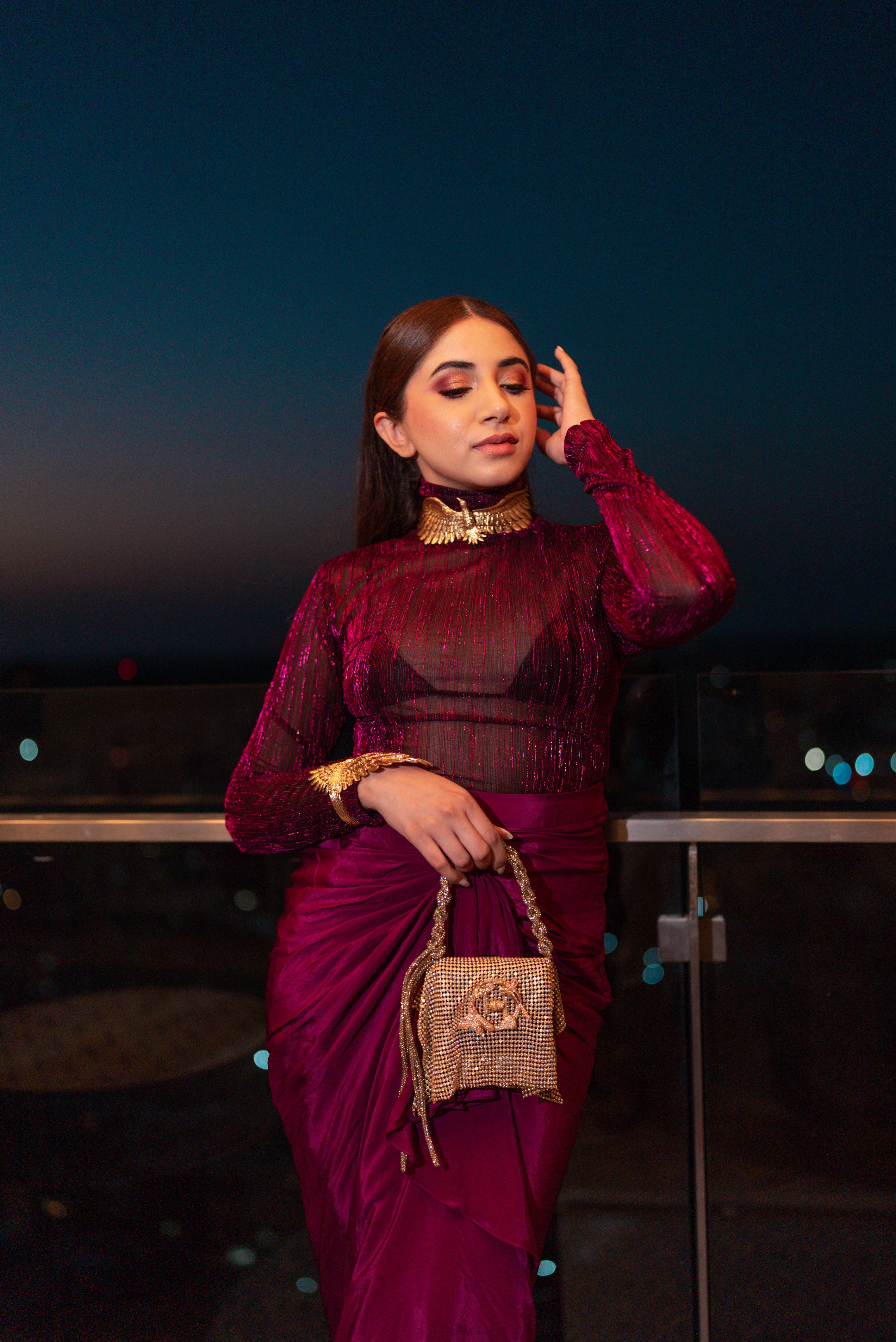 Aashna Shroff in Metalic Ruby Turtle Neck Monokini with Full Sleeves and Micro Bralette with Ruby Sarong Draped Skirt from Matrix Collection