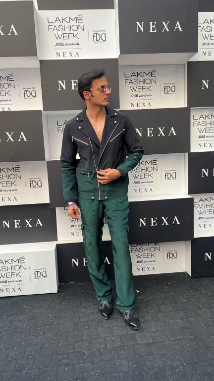 Vivek Dhadah in our Emerald Ombre Biker Jacket with Zipper Detailing paried with Emerald Baggy Pants with Pocket detailing from Matrix Collection