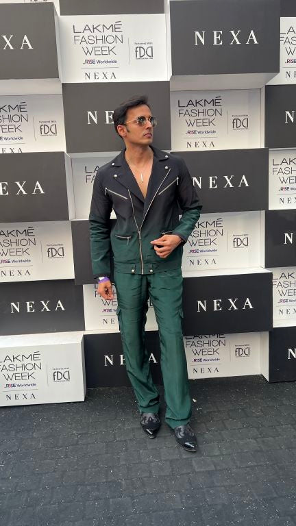 Vivek Dhadah in our Emerald Ombre Biker Jacket with Zipper Detailing paried with Emerald Baggy Pants with Pocket detailing from Matrix Collection