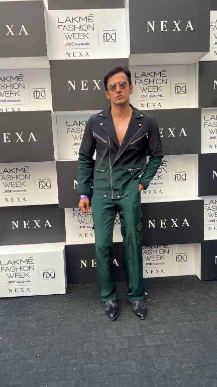 Vivek Dhadah in our Emerald Ombre Biker Jacket with Zipper Detailing paried with Emerald Baggy Pants with Pocket detailing from Matrix Collection