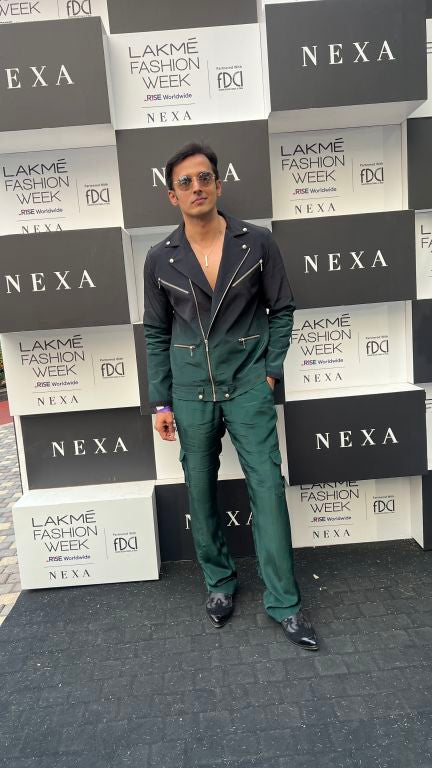 Vivek Dhadah in our Emerald Ombre Biker Jacket with Zipper Detailing paried with Emerald Baggy Pants with Pocket detailing from Matrix Collection