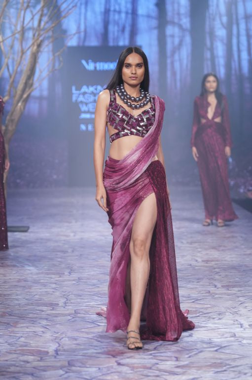 Pre Draped Saree with Embroidered Blouse Set