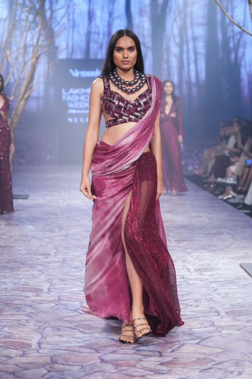 Pre Draped Saree with Embroidered Blouse Set