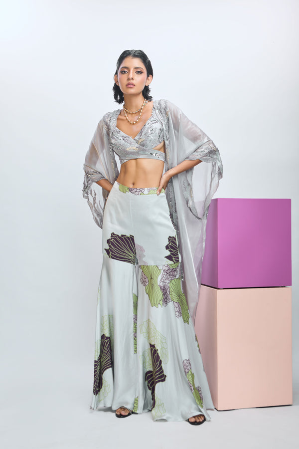 Embroidered Blouse with Printed Pants and Embroidered Scallop Dupatta