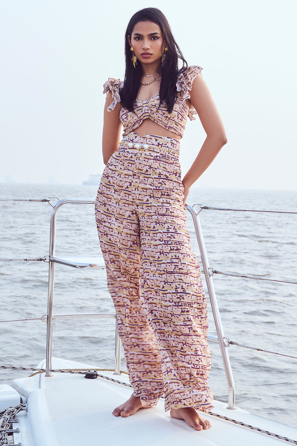 Sequin Printed Crop Top & High-Waist Flare Pants Set