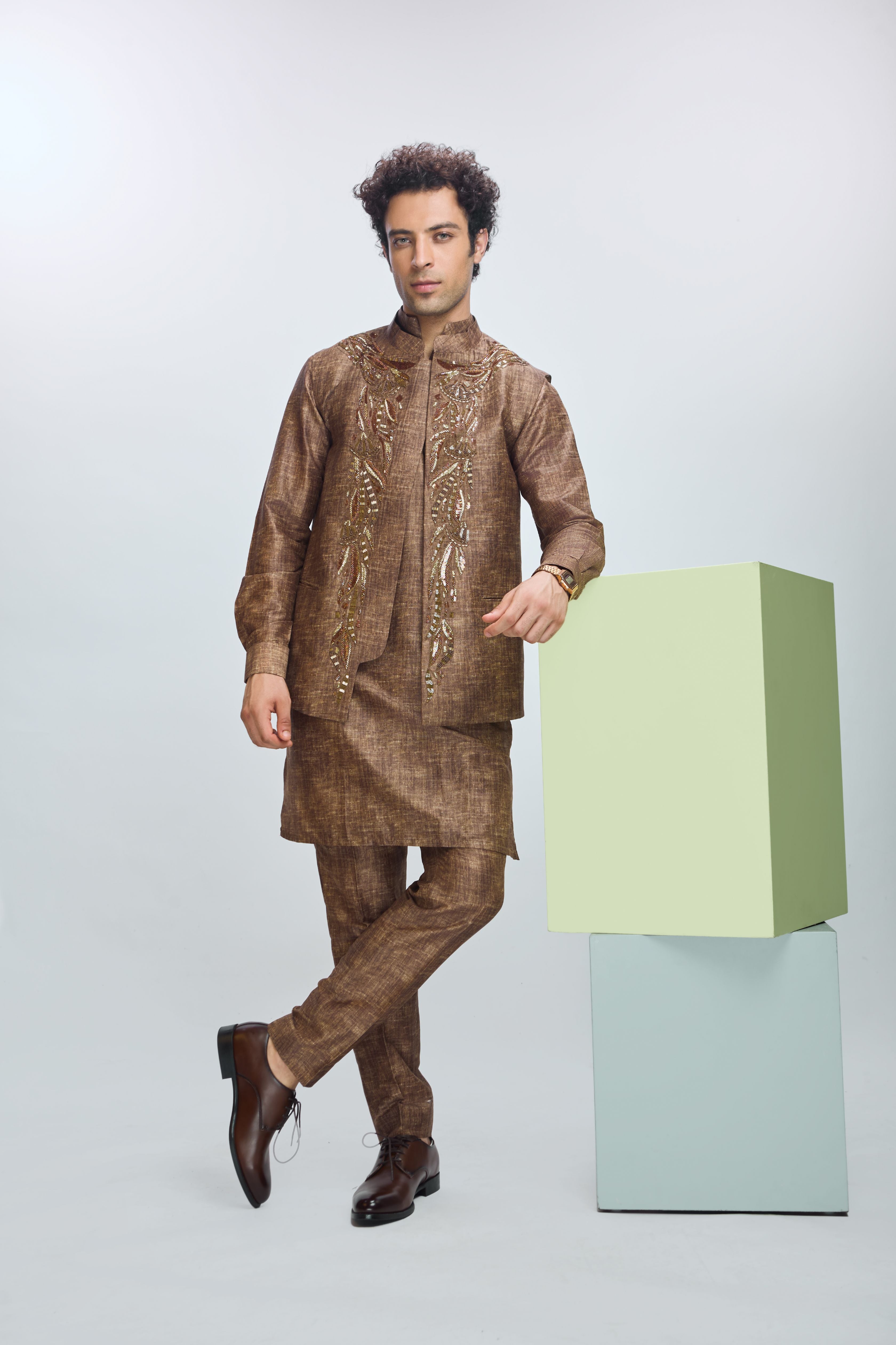 Embroidered Bundi with Kurta & Straight Pants