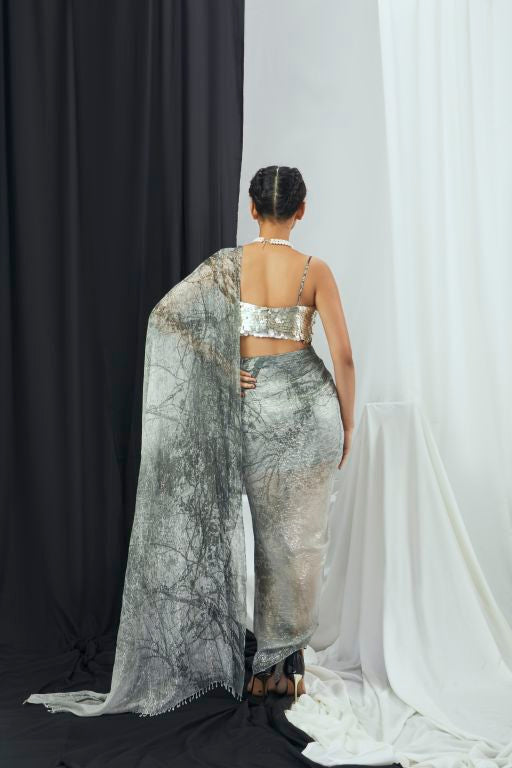 Pre Draped Printed Saree Set - Sale