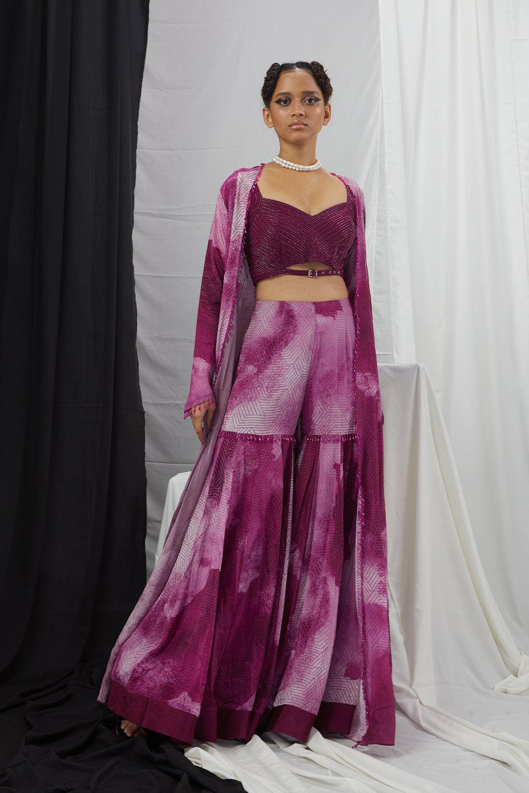 Embriodered Sharara Set with Printed Cape