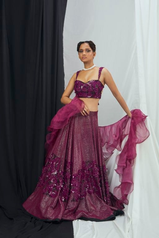 Backless Blouse Embellished Lehenga Set with Ruffle Dupatta - Sale