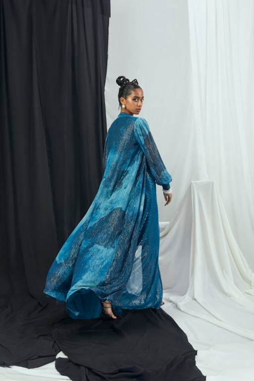 Embrioderd Blouse with Draped Skirt and Printed Cape Set - Sale