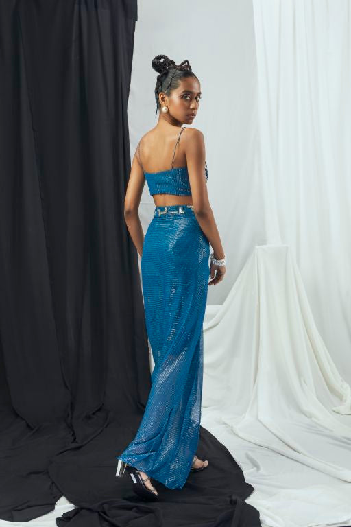 Embrioderd Blouse with Draped Skirt and Printed Cape Set - Sale