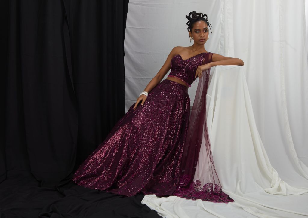 Embellished One Shoulder Lehenga Set with Attatched Dupatta