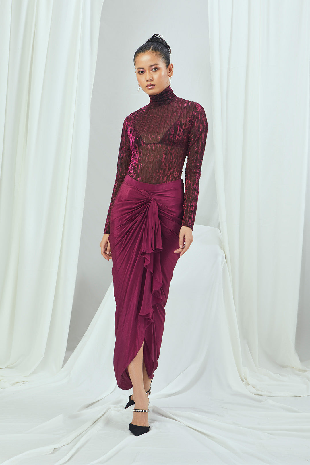 Metallic turtle neck bodysuit with draped skirt