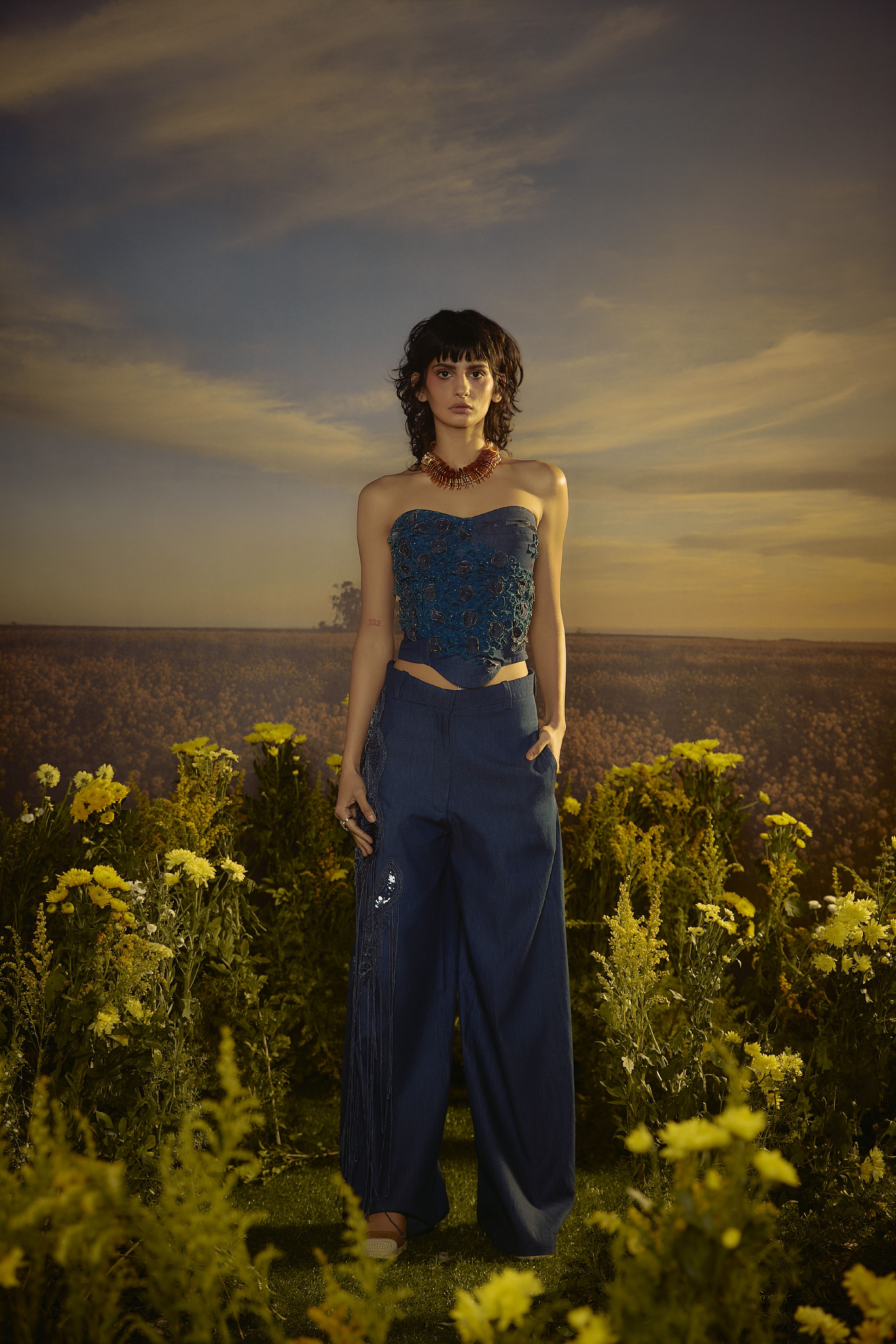 Floral Embroidery Denim Ensemble