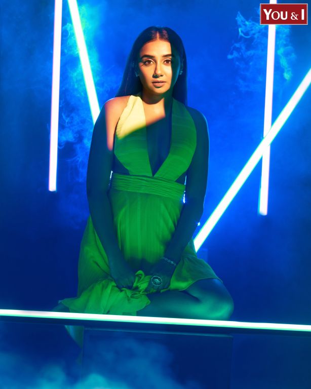 Prajackta Koli in our Lime Green Asymmetrical Ruffle Dress with Side Cutout detailing and Hand Embroidered Tassels from Magical Wilderness Collection