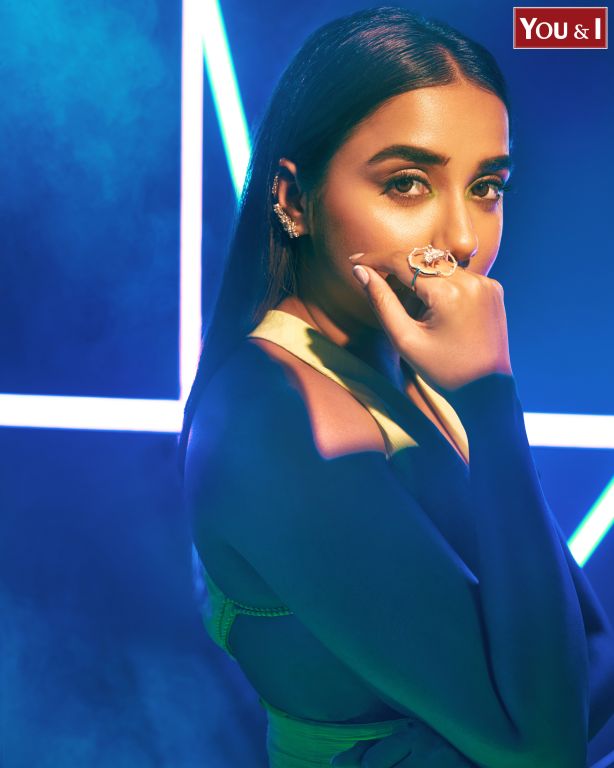 Prajackta Koli in our Lime Green Asymmetrical Ruffle Dress with Side Cutout detailing and Hand Embroidered Tassels from Magical Wilderness Collection