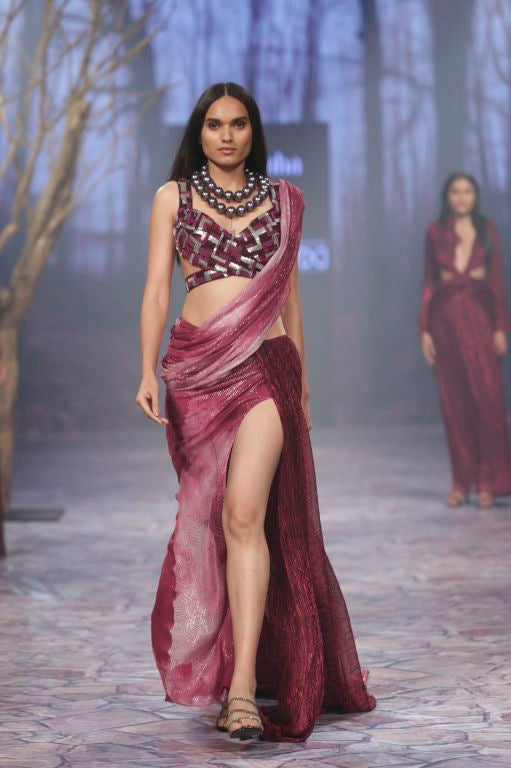 Pre Draped Saree with Embroidered Blouse Set