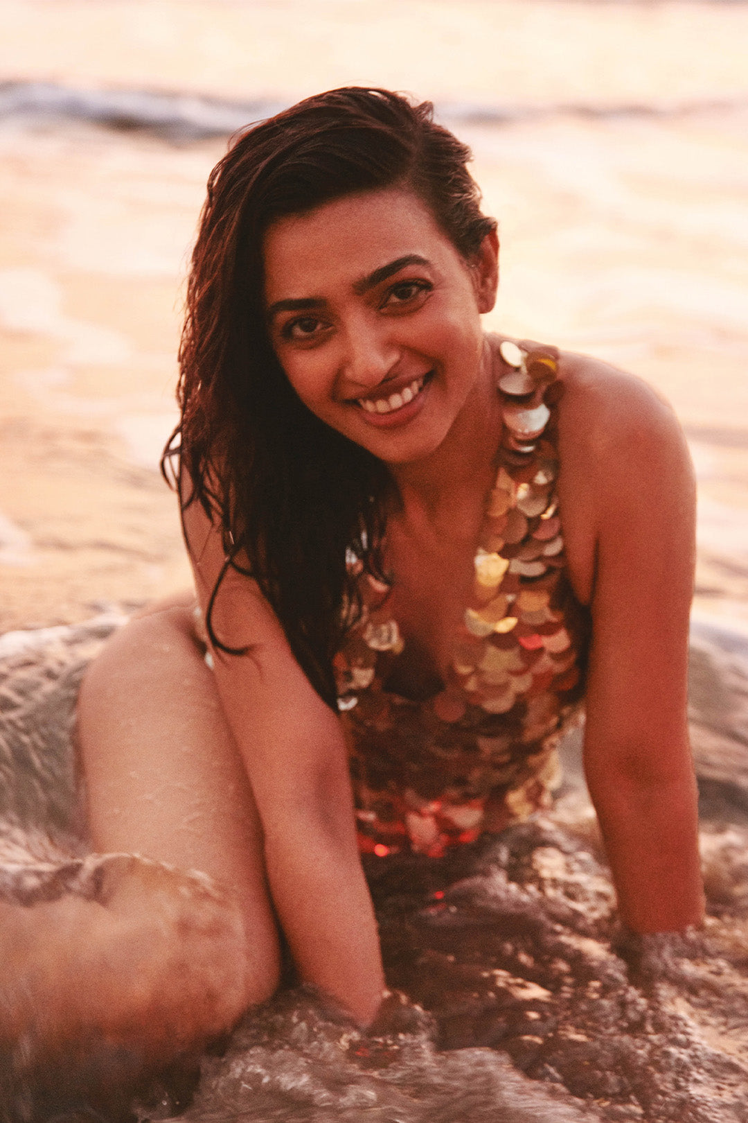 Radika Aptey in Bazzar shoot wearing Ancienne's Golden Sequins Leotard