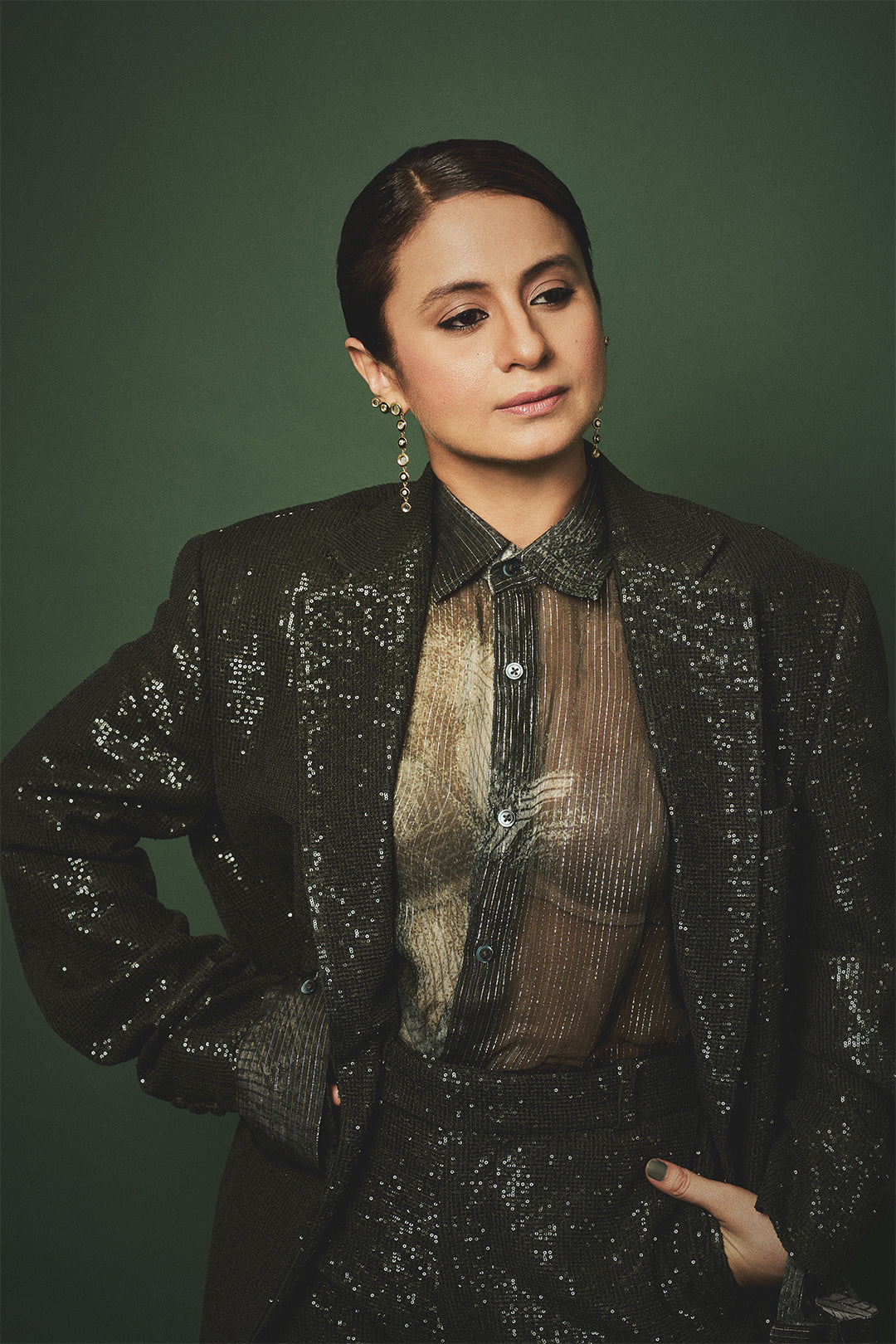 Rasika Duggal in our Emerald Sequin Long Jacket Set from Matrix