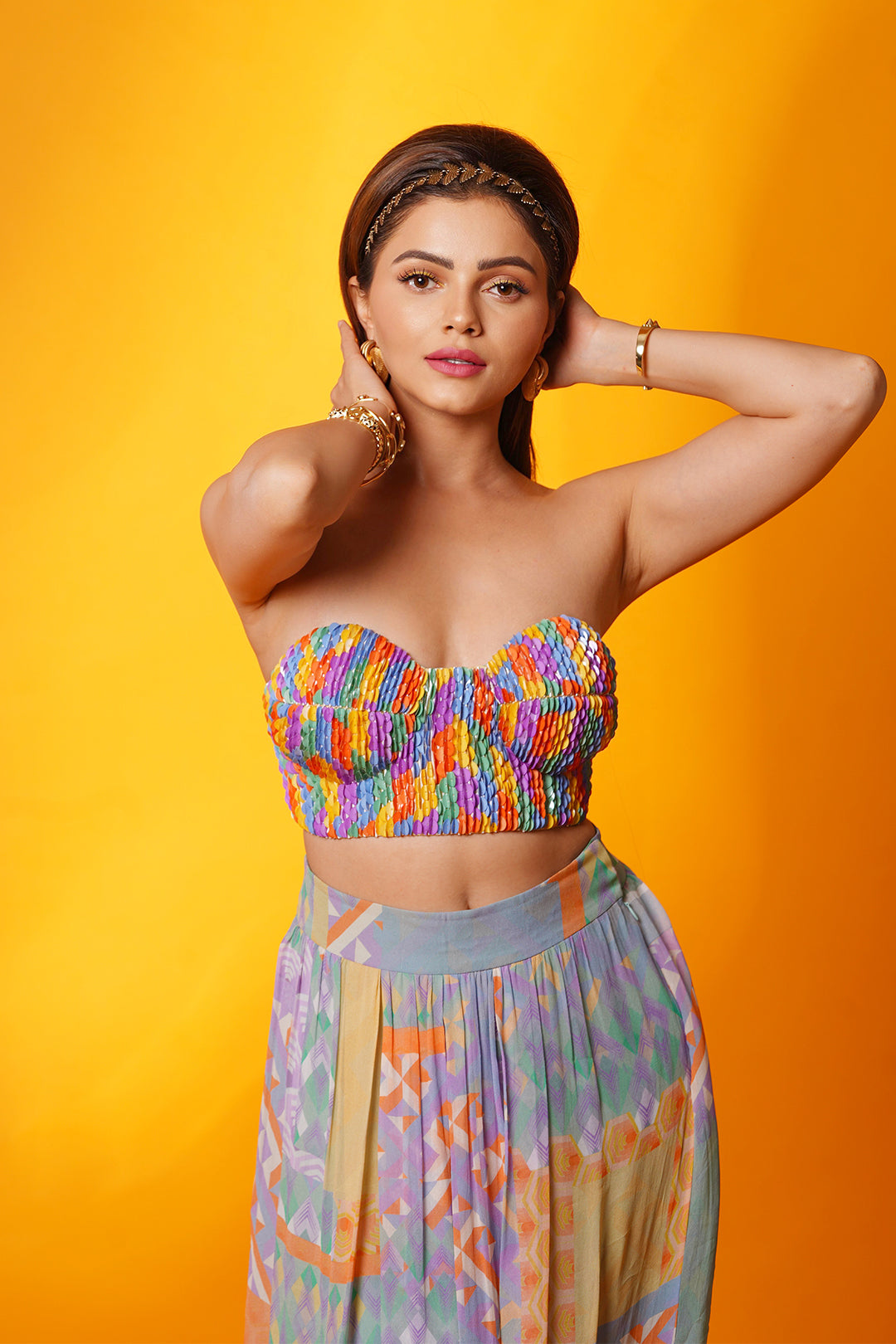 Rubina Dilaik in Nirmooha's Handcrafted Sequin Embroidered Bustier with Multi-Geo Gathered Maxi-Skirt with Handcrafted Sequin Belt from our Retro-Spection Collection