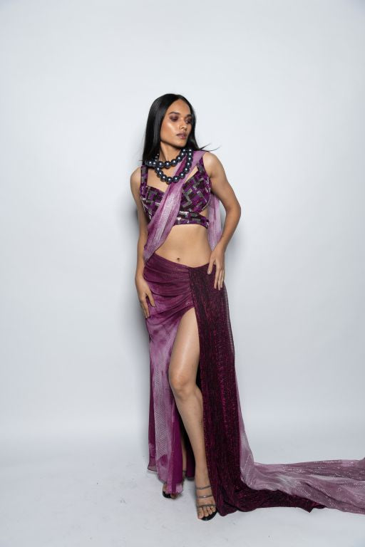 Pre Draped Saree with Embroidered Blouse Set