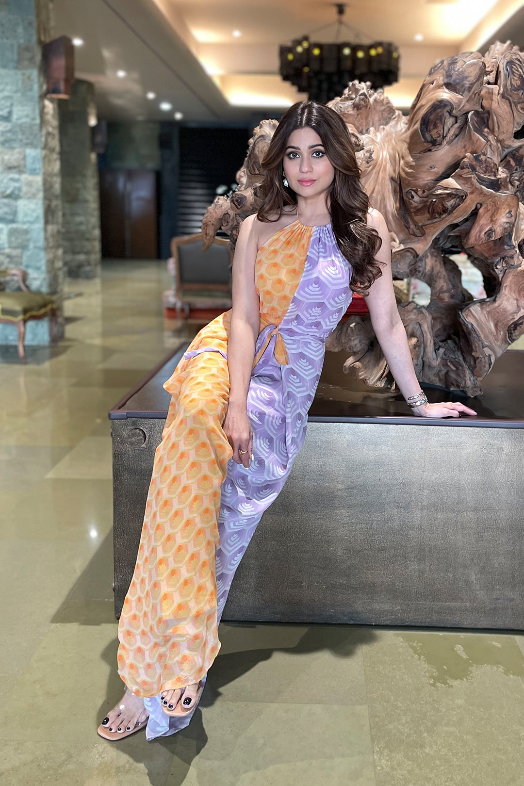 Shamita Shetty in Nirmooha Halter Half And Half Printed Jumpsuit from Retro-Spection Collection