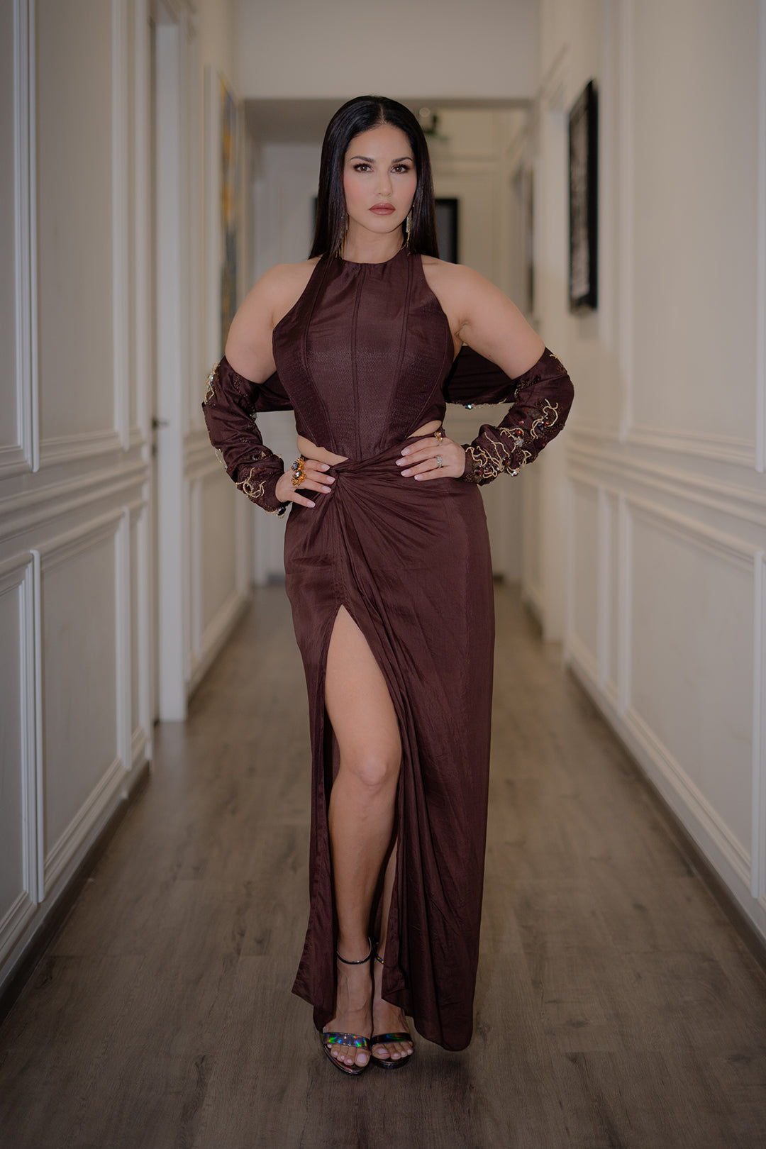 Sunny Leone in Nirmooha's Brown Corset Top with Hand Embroidered Boler