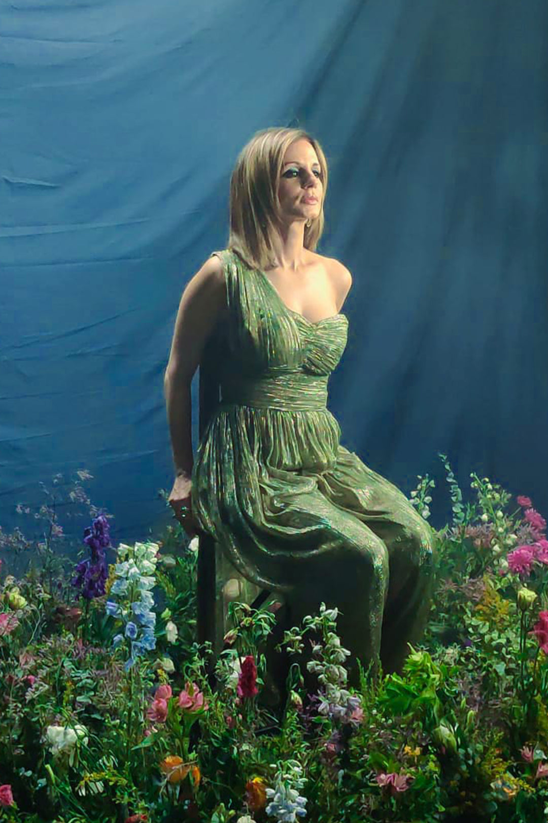 Susaane Khan in our green printed lurex draped jumpsuit from Ancienne