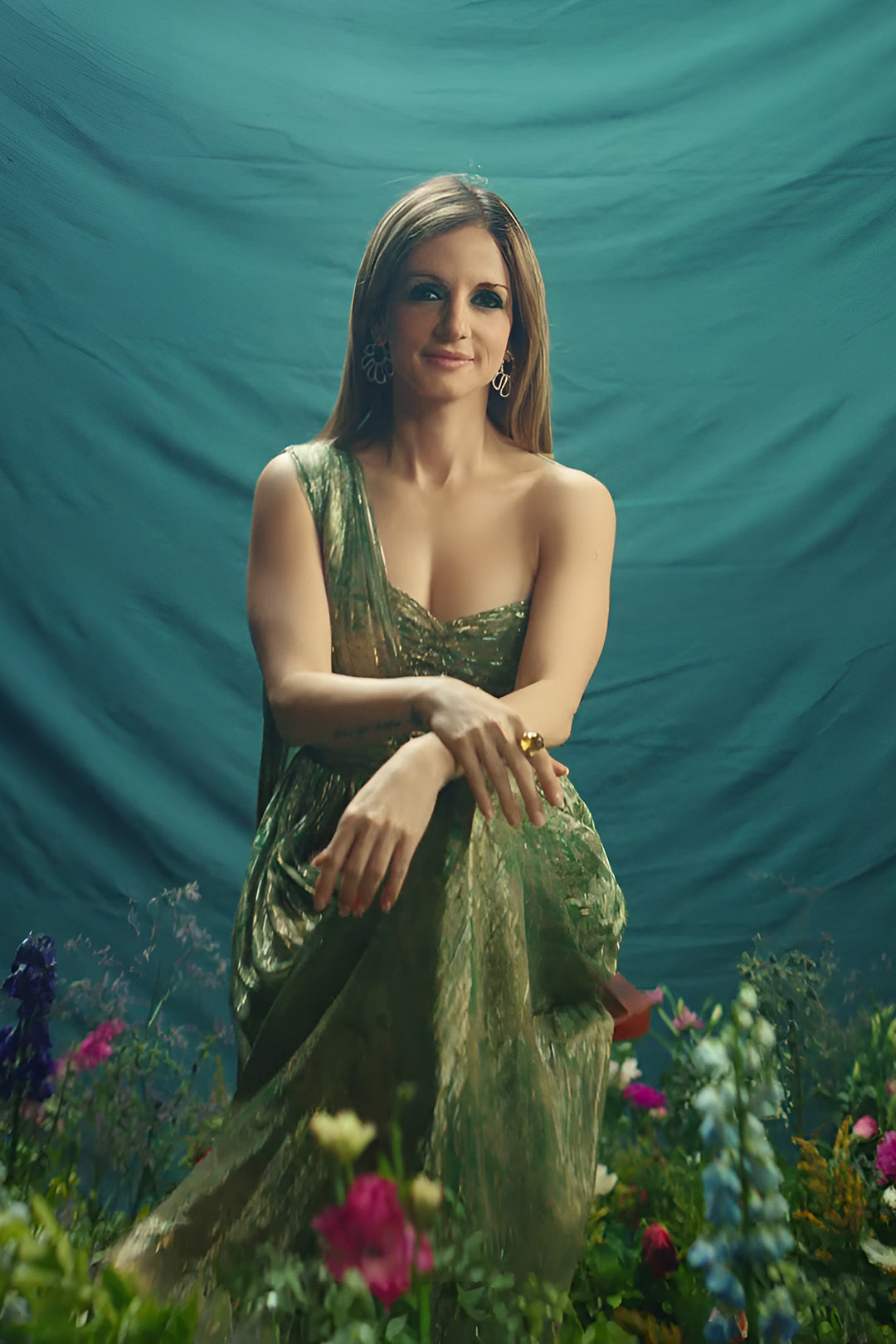 Susaane Khan in our green printed lurex draped jumpsuit from Ancienne