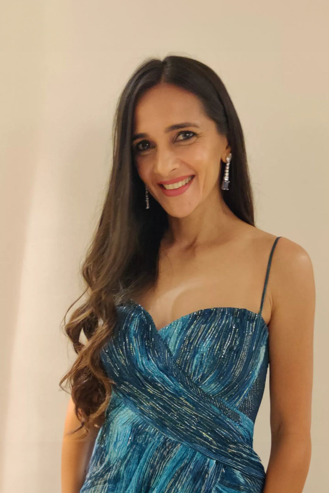 Tara Sharma Saluja in Nirmooha's Jade Blue Printed Drape Gown With Sweet Heart Neck & Slit from Matrix Collection