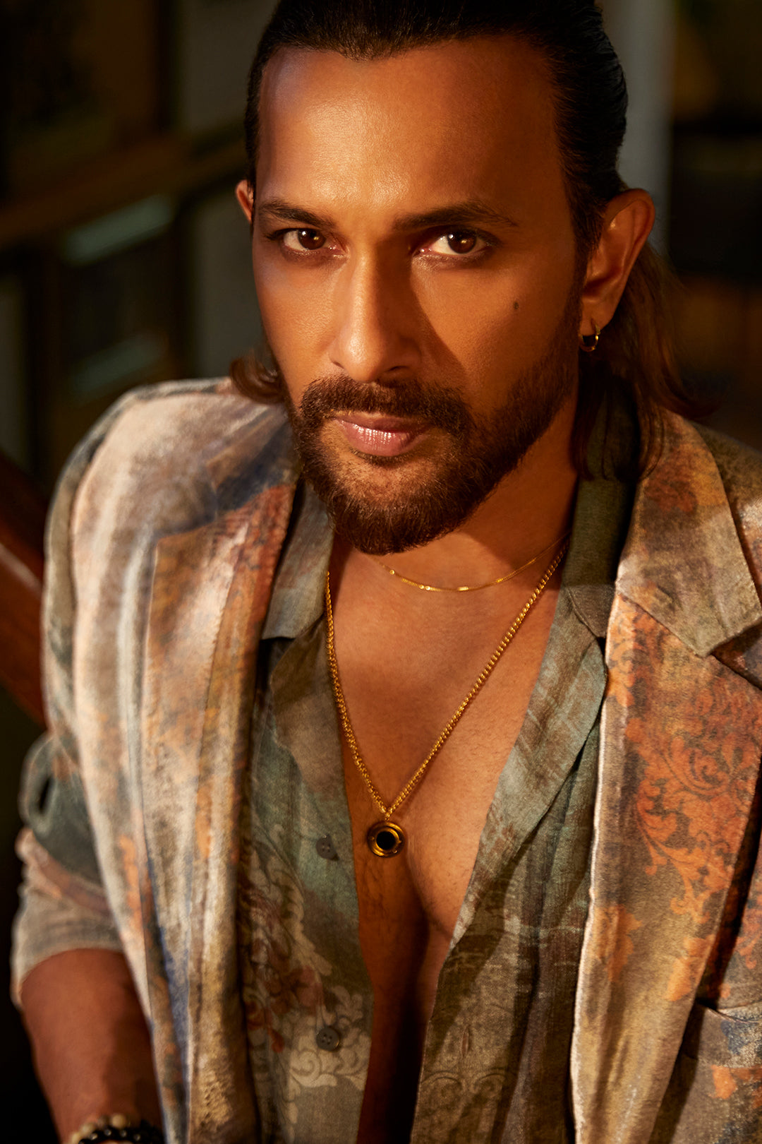 Terence Lewis in our Grey Velvet Printed Blazer with Grey Velvet Pants and Printed Chiffon Shirt from Ancienne