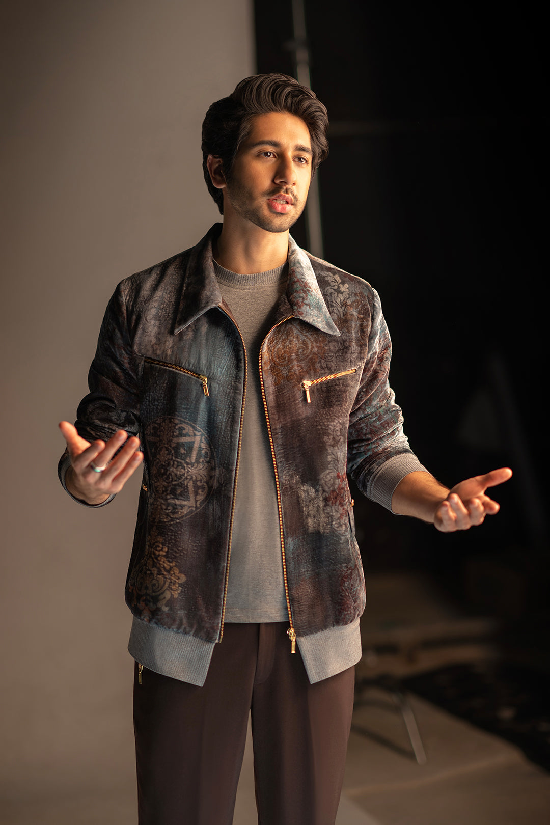 Vihaan Samant in Velvet Bomber Jacket set from Ancienne Collection