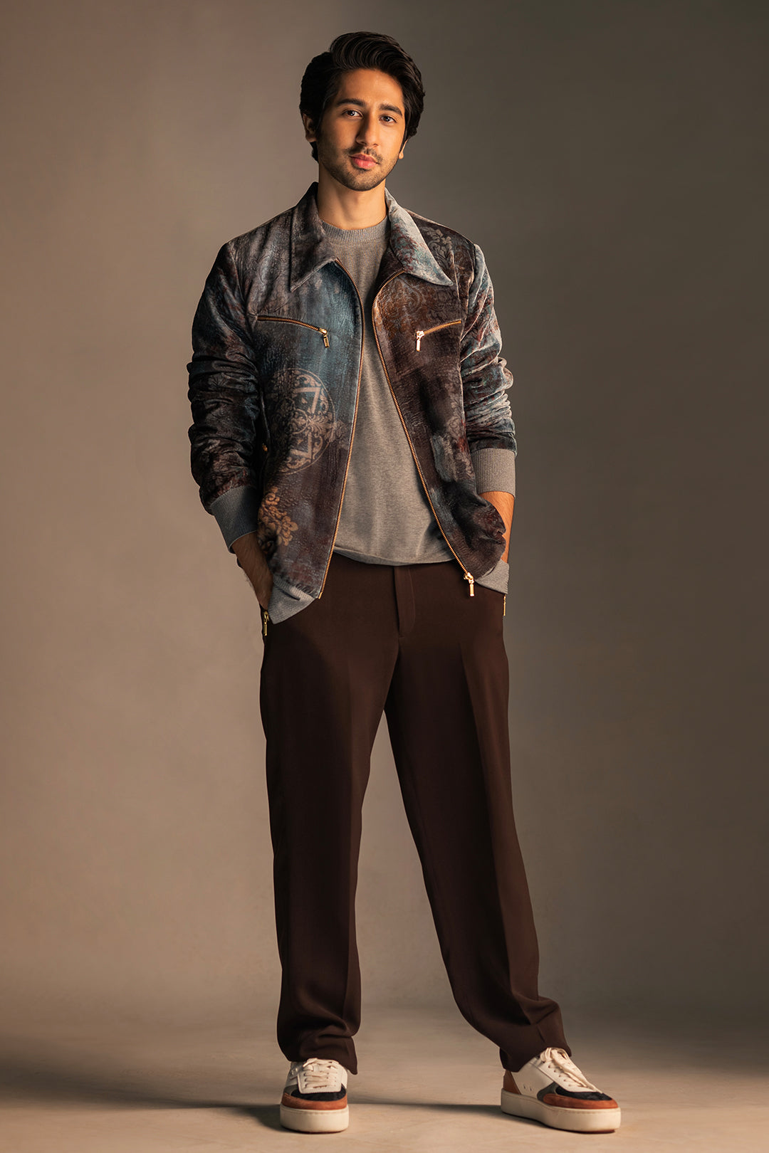 Vihaan Samant in Velvet Bomber Jacket set from Ancienne Collection