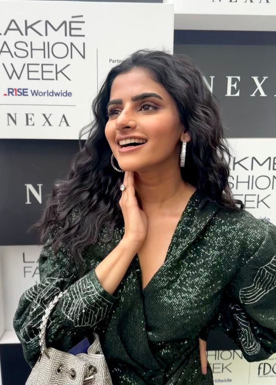 Avantika Dassani in our Emerald Sequin Mini Dress With Puffed & Hand Embroidred Sleeves and Emerald Shimmer Belt from Matrix Collection