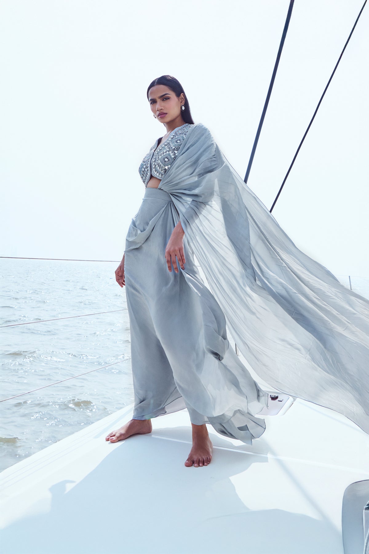 Hand Embroidered Draped Saree Set