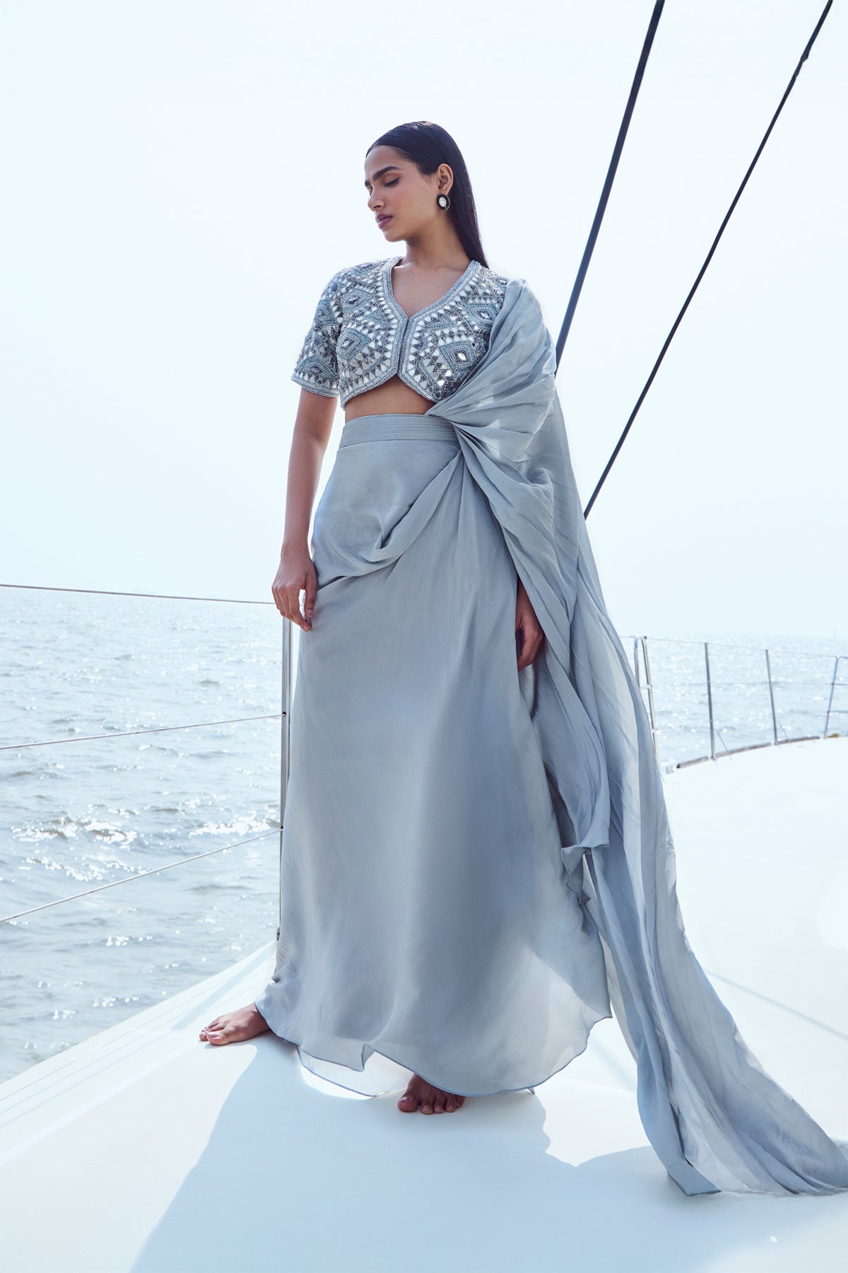 Hand Embroidered Draped Saree Set