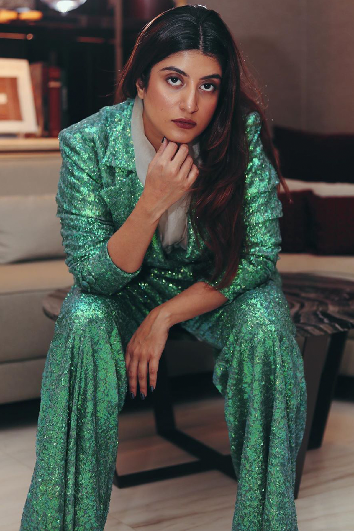Trishala Sikka In Green Sequined Blazer Set