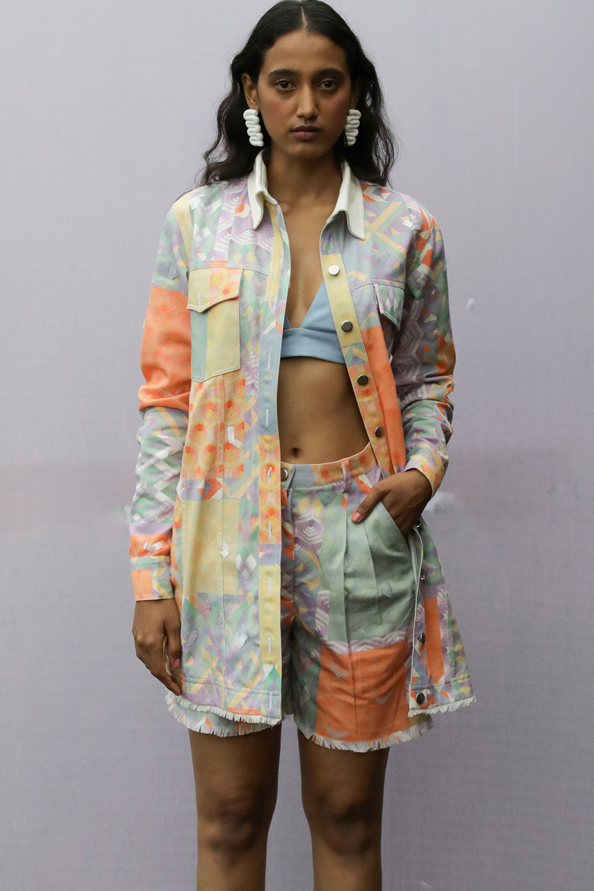 Hand-embroidered Multi-Geo Denim Shorts