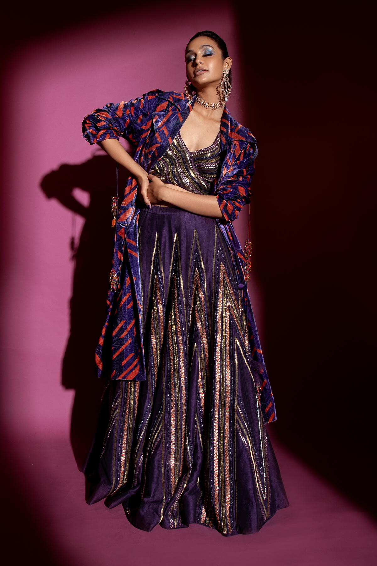 Violet Embroidered Lehenga and Blouse with Dupatta