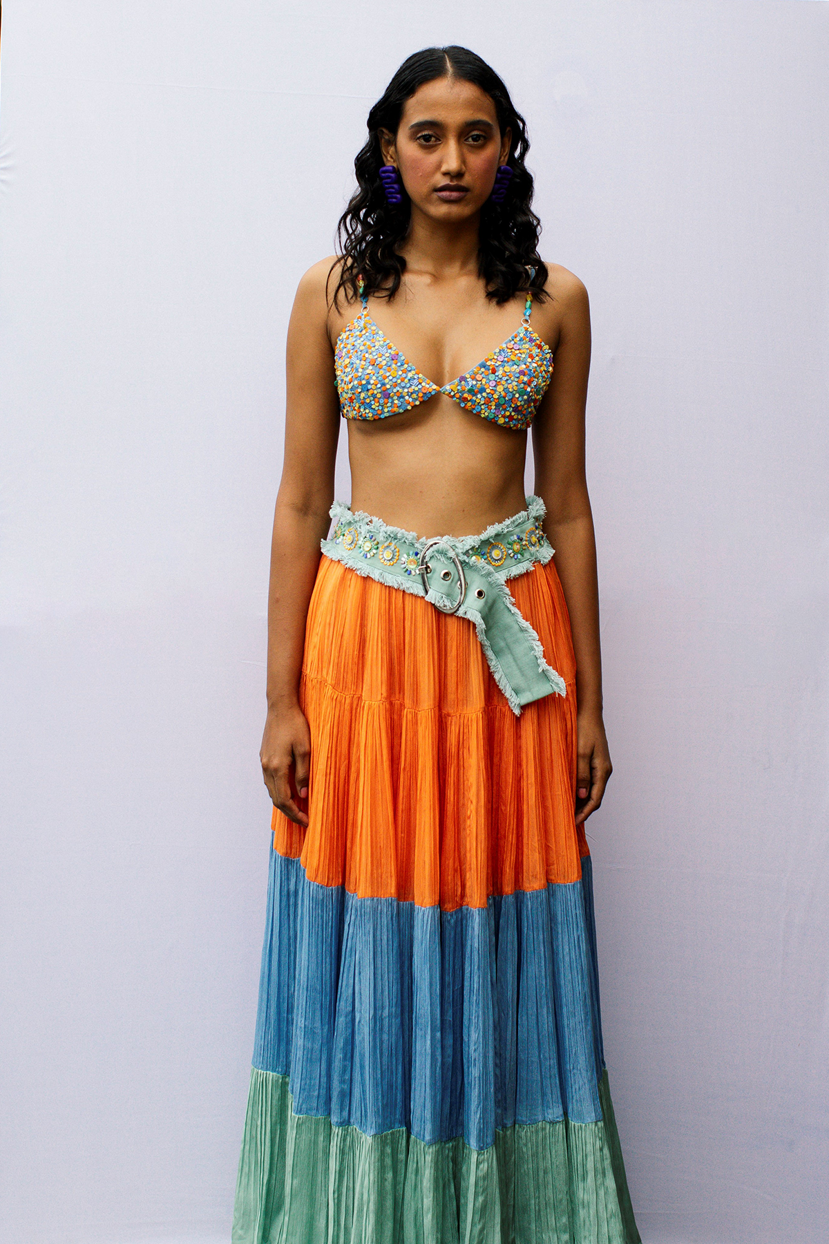 Frayed Denim Belt with Embroidery