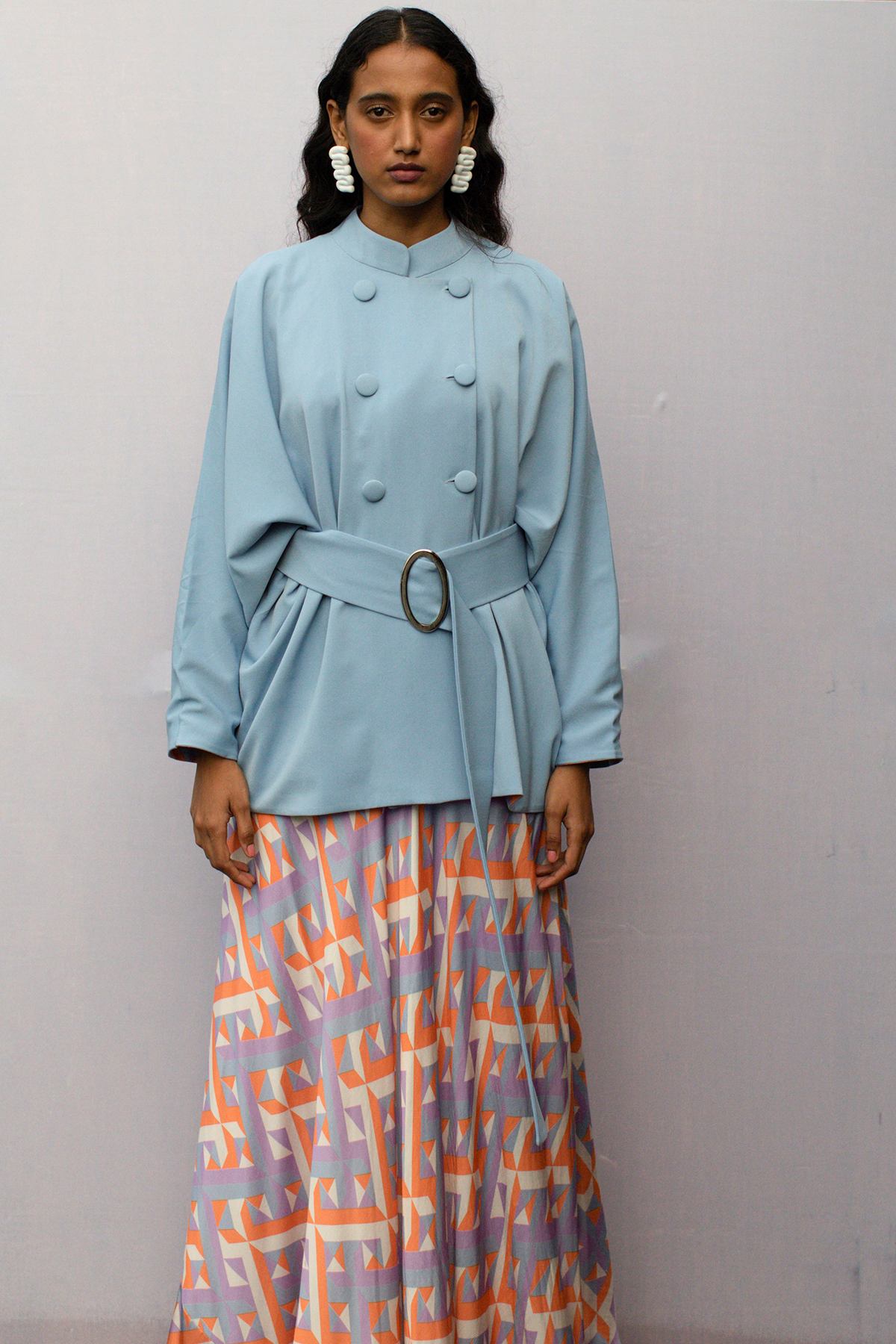 Ice Blue Double Breasted Jacket with voluminous Sleeves