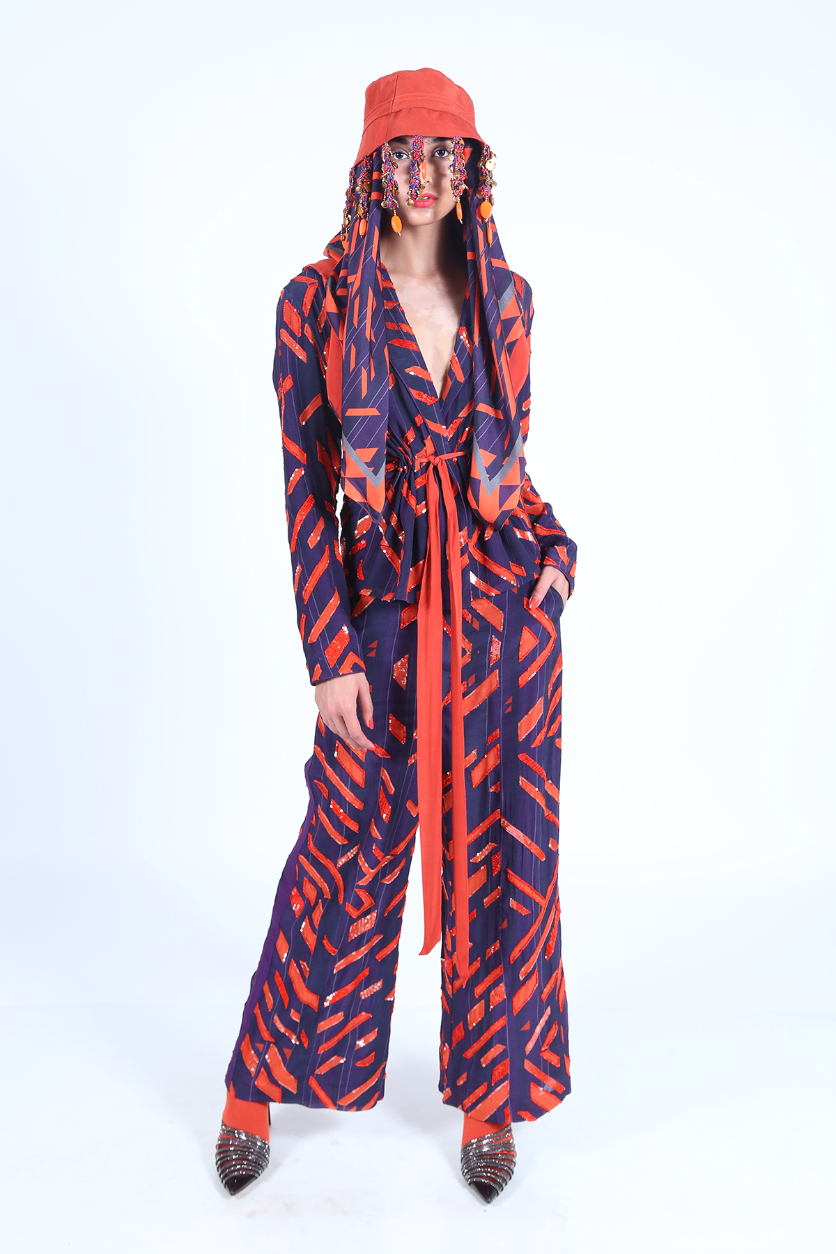 Deep Violet & Burnt Orange Abstract Print Scarf