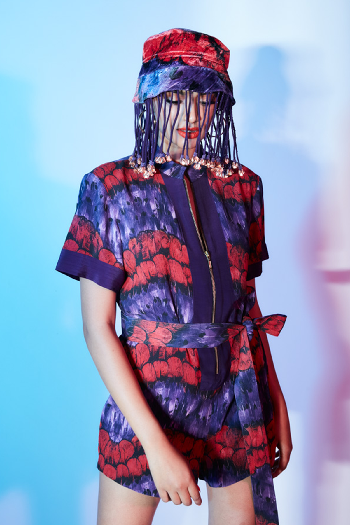 Purple and Orange Printed Half-sleeved Playsuit