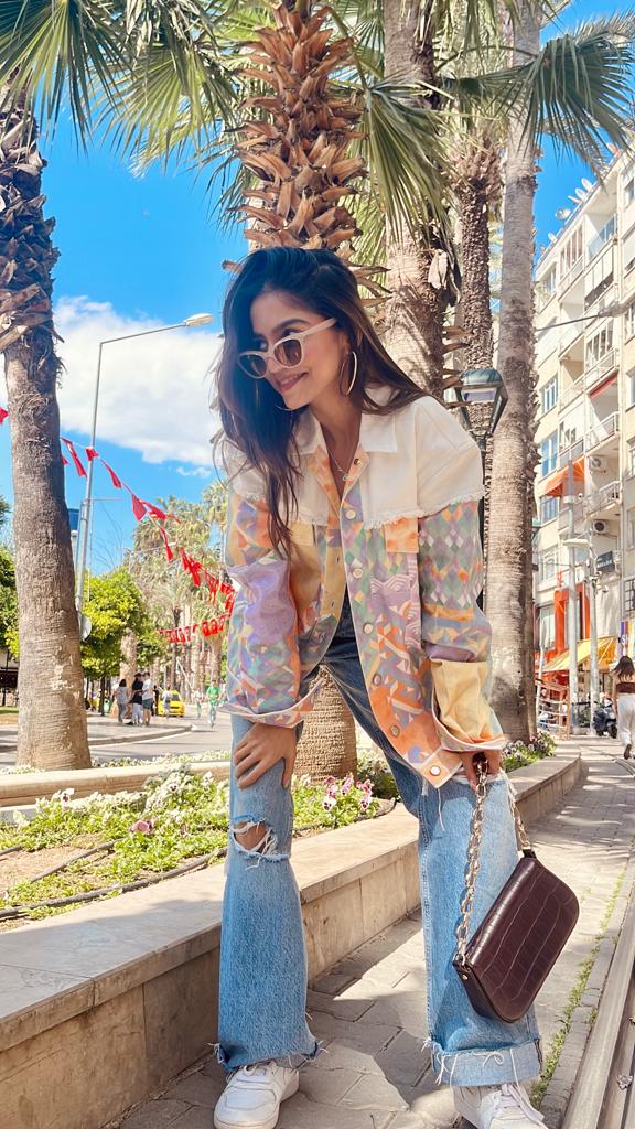 Saloni Shah in Retro-Spection Multi-Geo Printed Denim Jacket