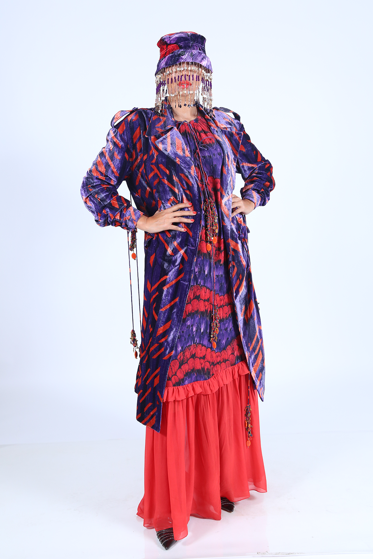 Velvet Printed Bucket Hat with Tassels