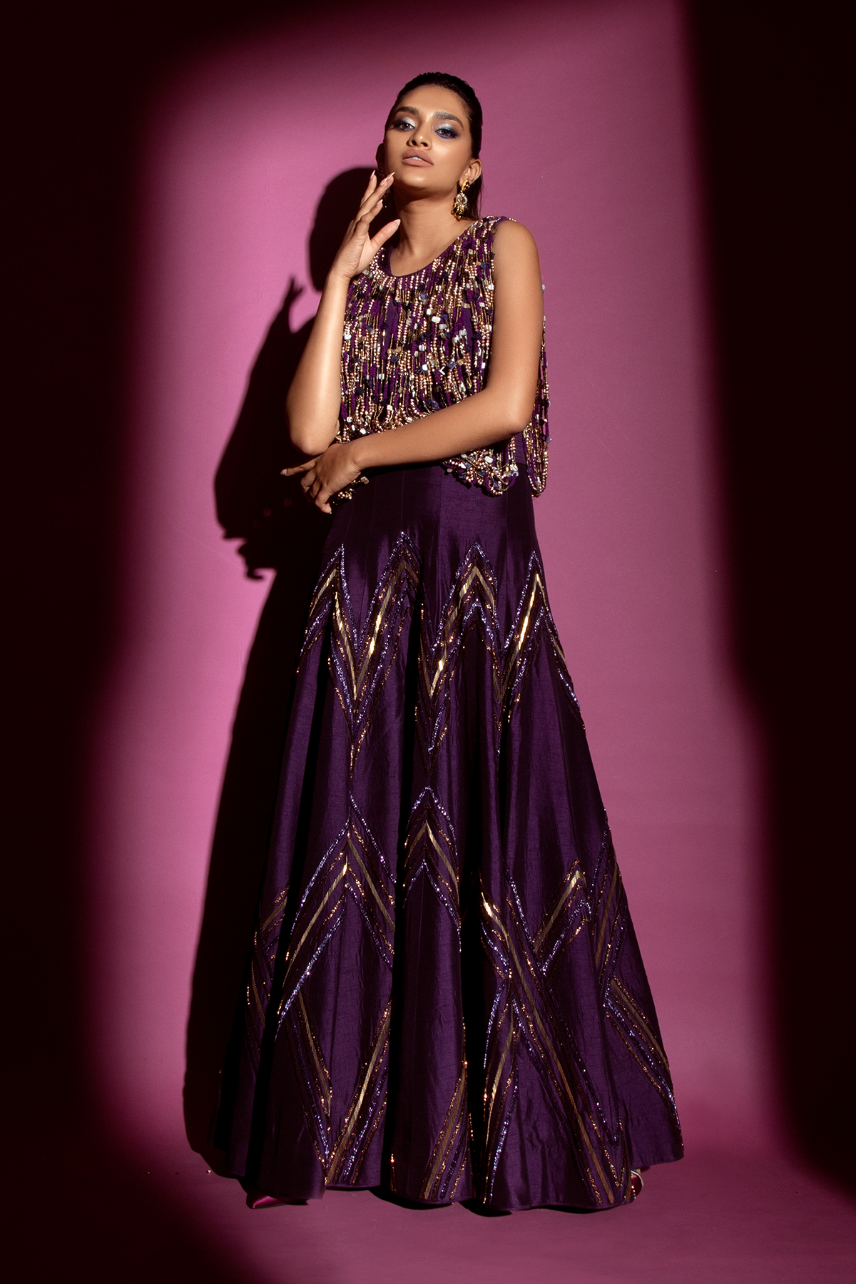 Deep Violet Hand-embroidered & Tasselled Upper Body Jumpsuit