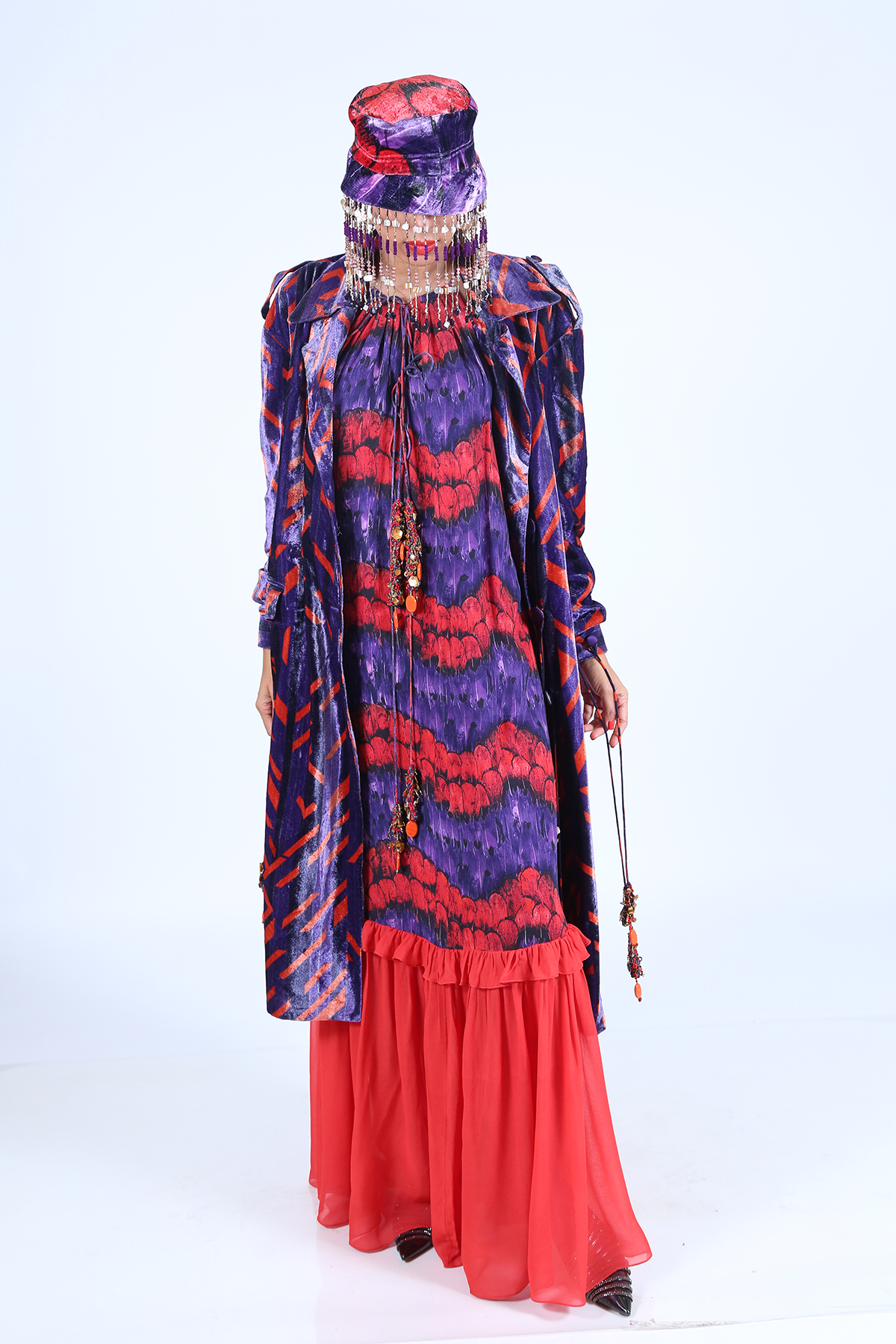 Velvet Printed Bucket Hat with Tassels