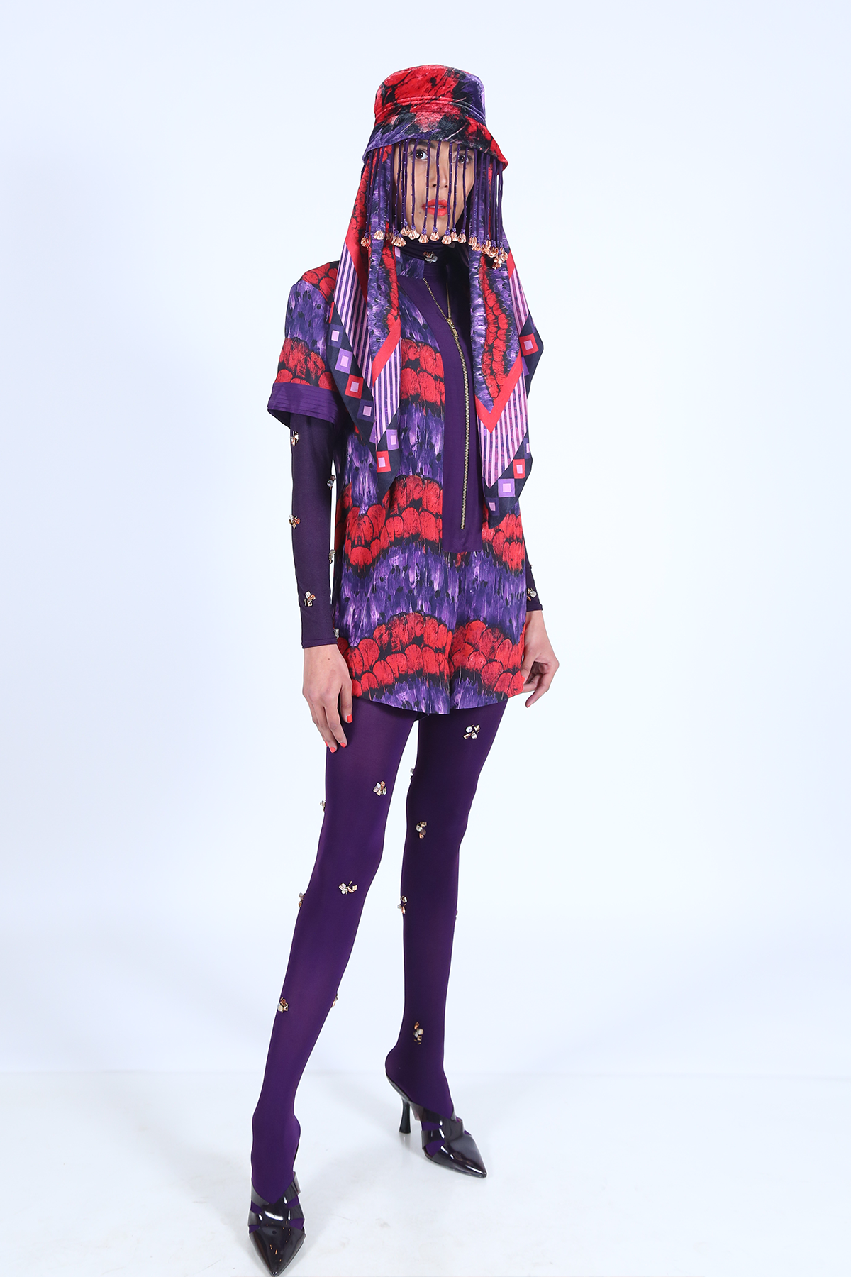 Purple and Orange Printed Half-sleeved Playsuit