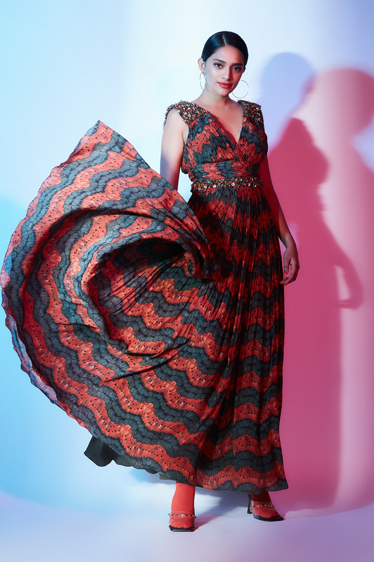 Orange & Green Hand-embroidered Maxi